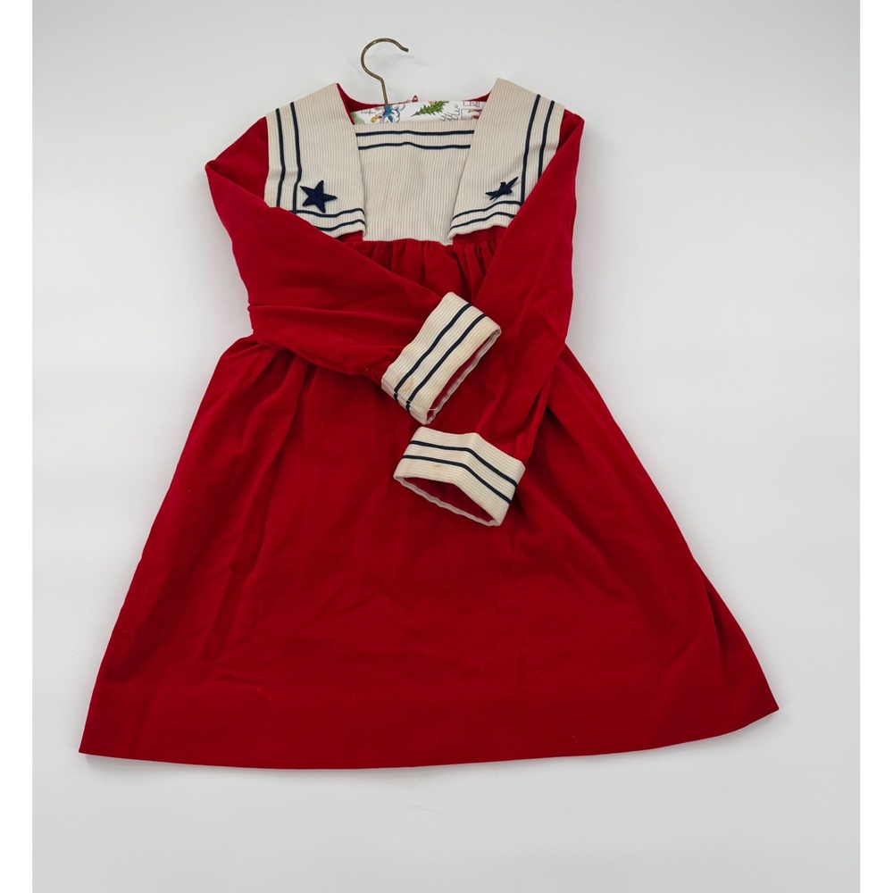 Vintage Red Velvet Sailor Dress ILGWU Union Made Nautical Star Bib Collar